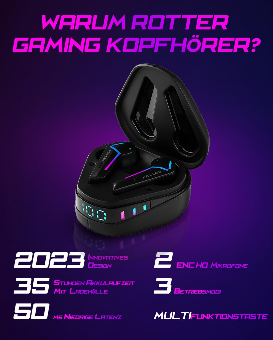 ROTTER® Kabellose Bluetooth Mobile Gaming Kopfhörer, Extrem Niedrige Latenz von 50 ms, Bluetooth 5.3, Dual Modus, 35 Stunden Spielzeit, IPX4 Wasserdicht, 6 Mikrofone (Black)