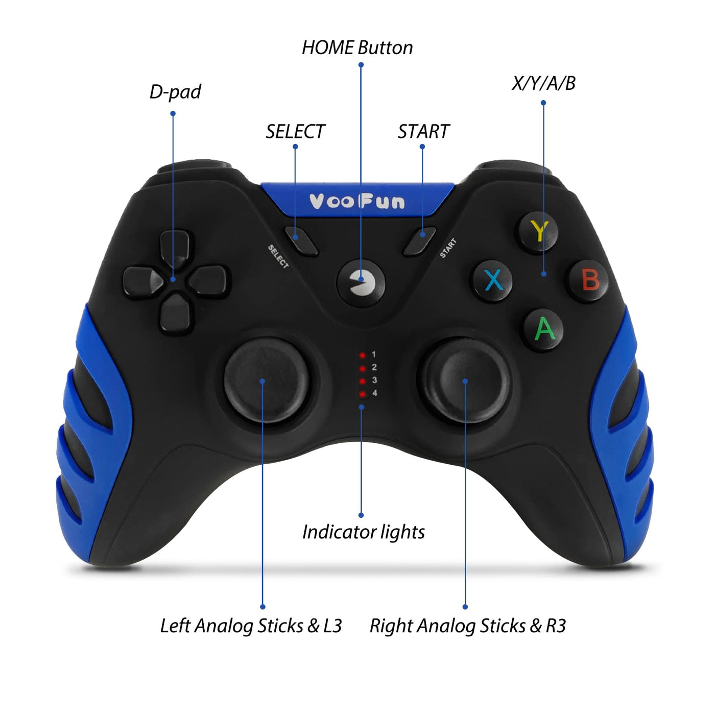 VooFun PC Controller, Wireless PS3 Controller PC Gamepad mit Hall Effekt Joystick, Dual-Vibration, Gaming Controller für PC Windows 7/8/10/11, PS3, Steam, Android Smart TV, TV Box, Raspberry Pi, Blau