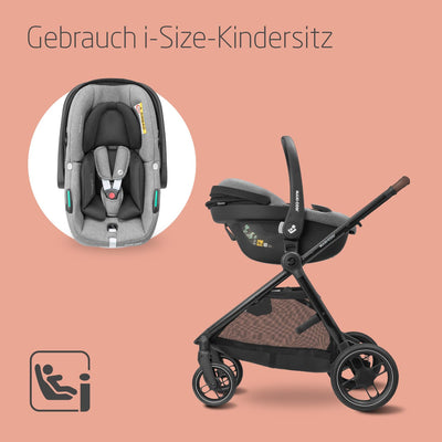 Maxi-Cosi Zelia S Trio Kinderwagen 3 in 1 Komplettset, 0-4 Jahre, bis 22 kg, Zusammenklappbar, Kompakt, Verstellbarer Baby Kinderwagen, mit CabrioFix S i-Size Babyschale, Zubehör, Wickeltasche, Grau