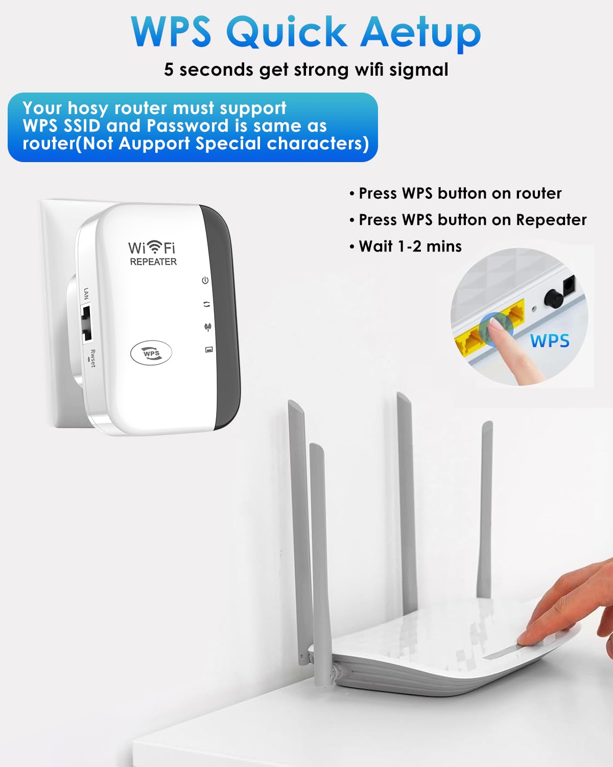 WLAN Verstärker, Neuestes WLAN Repeater 300 Mbit/s 2.4 GHz, Internet Verstärker,WiFi Repeater, WiFi Extender Booster mit Repeater/AP Modus und WPS-Funktion Internet Verstärker bis zu 3000qm (weiß)