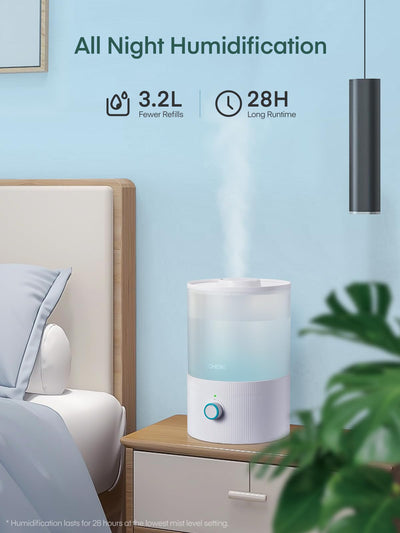 FOHERE Luftbefeuchter für Schlafzimmer, 3.2L Top Fill Cool Mist Ultraschall-Luftbefeuchter für Babys Zimmer und Pflanzen, 2-IN-1 Ätherisches Öl Diffusor mit 7-Farben Licht, BPA-Frei, Leise, Weiß