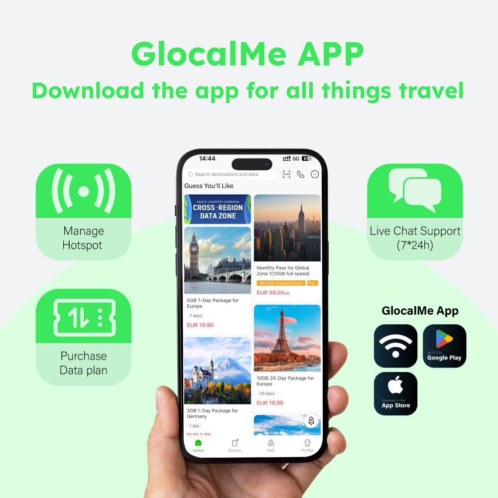 GlocalMe G4Pro 4G LTE Mobiler WLAN Router, Keine SIM nötig, 2.4GHz/5G Hz, WiFi Hotspot Mit 1GB globalen Daten, Verbindung von 10 Geräten gleichzeitig, (G4 Pro-30GB)