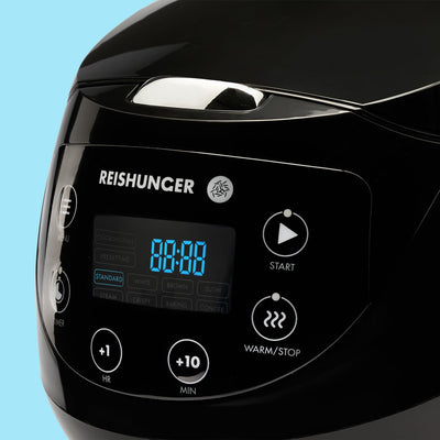 REISHUNGER Digitaler Reiskocher klein, schwarz | 0,6 L bis 3 Personen | Warmhaltefunktion, Timer & Premium Topf | Kleiner Multikocher & Dampfgarer, 8 Programme, 7-Phasen-Technologie