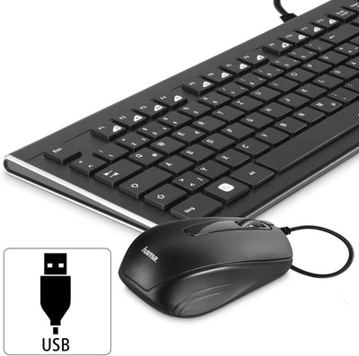 Hama Computertastatur Maus Set (kabelgebunden, ergonomisch, deutsches Tastenlayout QWERTZ, leise Tasten, flaches Design, 12 Media-Tasten, optische Maus, 1000 dpi, USB-Anschluss, PC, Laptop) schwarz