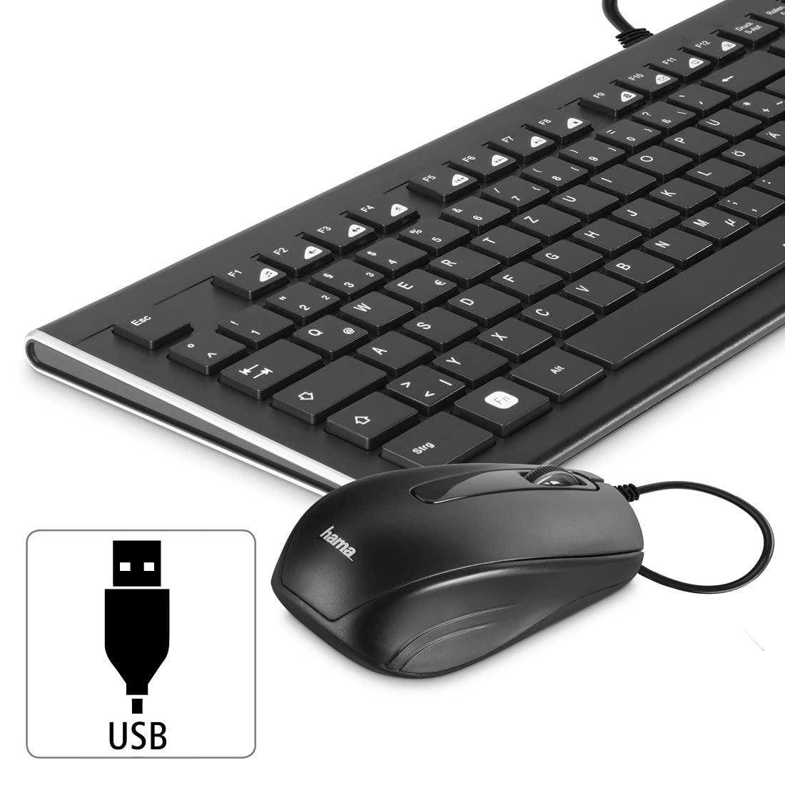 Hama Computertastatur Maus Set (kabelgebunden, ergonomisch, deutsches Tastenlayout QWERTZ, leise Tasten, flaches Design, 12 Media-Tasten, optische Maus, 1000 dpi, USB-Anschluss, PC, Laptop) schwarz