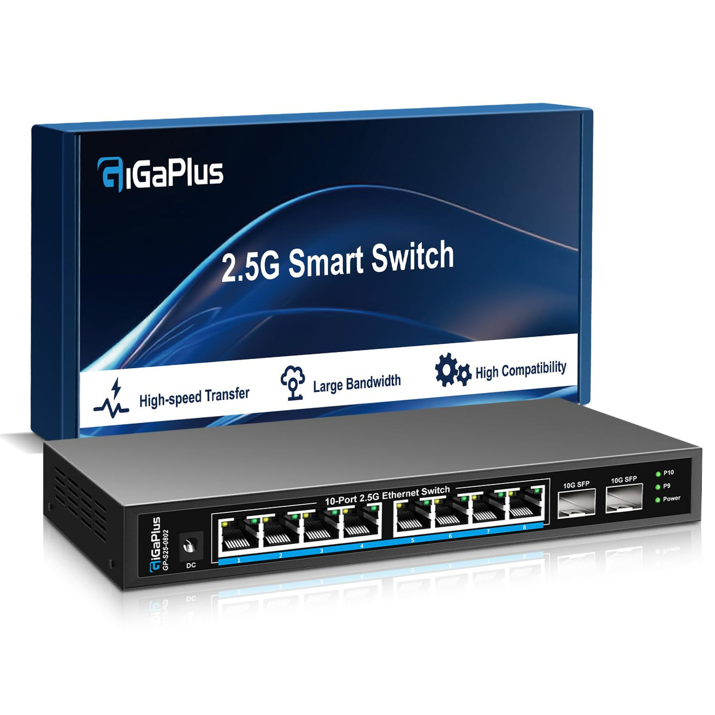 10 Port 2.5Gb Unmanaged Ethernet Switch mit 8* 2.5G Base-T Ports, 2* 10G SFP+ Ports. GiGaPlus 2.5Gbps Netzwerk Switch für 2.5Gbps NAS/PC, WiFi6 Router, Wireless AP. Lüfterloses Design, Plug and Play