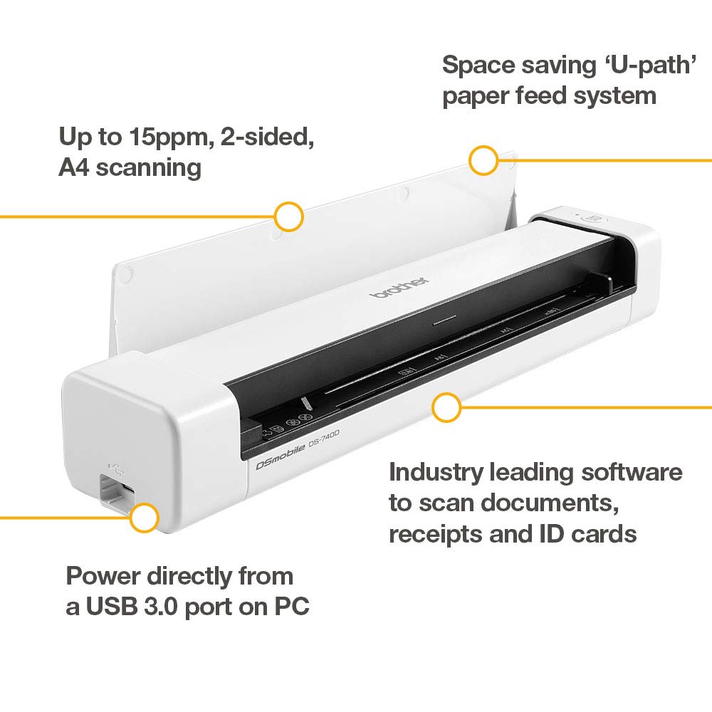 Brother DS-740 Mobiler Scanner | A4 | Vorder- und Rückseite | USB-Netzteil | 15 ppm | Farbe | Schwarz/Weiß | Scan to USB