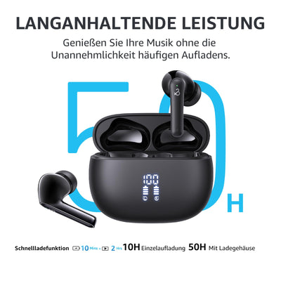 Bluetooth Kopfhörer, Kopfhörer Kabellos Bluetooth 5.3 mit 6 ENC Mikrofon, In Ear kopfhörer Bluetooth mit HiFi Stereo Tiefer Bass, Lärmminderung, 50Std Spielzeit, IPX8 Wasserdicht Ohrhörer LED-Anzeige