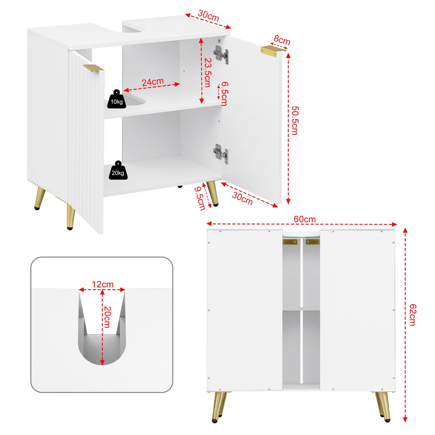 eSituro Waschbeckenunterschrank, Badezimmer Unterschrank Waschbecken, Waschtischunterschrank, Badezimmerschrank mit Verstellbarem Einlegeboden, Weiß Gold, 60x62x30 cm