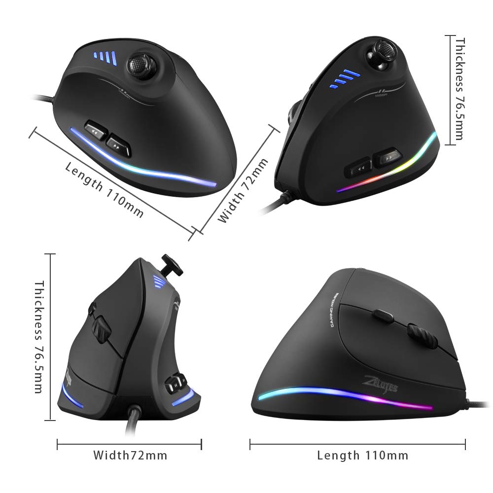 zelotes Ergonomische Maus mit Joystick,Vertikale Maus,10000DPI,11 Programmierbare Tasten,USB Optische Maus mit Kabel,Gaming Maus für Laptop,PC,Schwarz