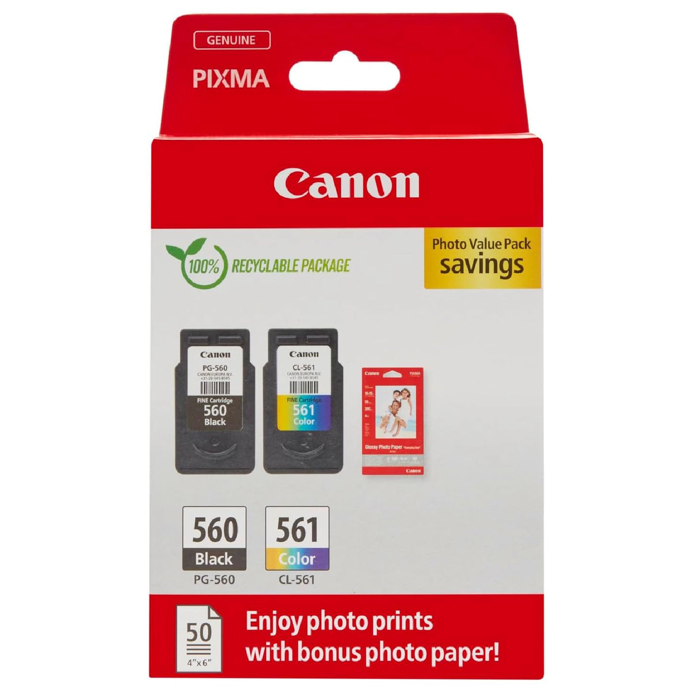 Canon Tinte & Papier Multipack - PG-560/CL-561 Original Drucker-Tintenpatronen 2er-Pack (1 x Schwarz, 1 x Farbe) & 4x6 Fotopapier (50 x Blatt) - Kompatibel PIXMA Druckern