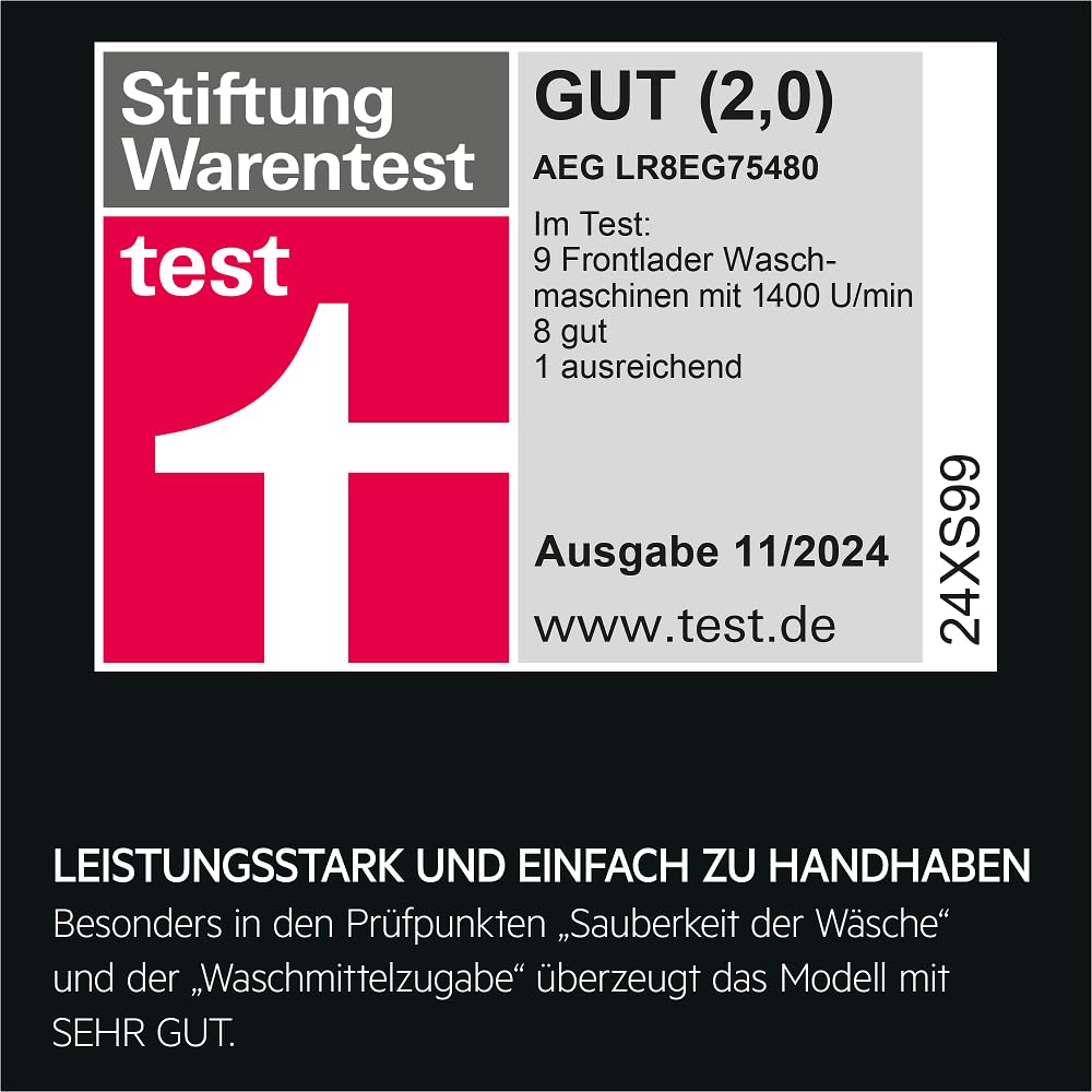 AEG Waschmaschine - Serie 8000 PowerCare- Faserschutz - UniversalDose Schublade für PODS - Auffrisch- & Nachlegefunktion - 8kg - Leise - Mengenautomatik - 1400 U/Min - Vollwasserstopp - LR8EG75480