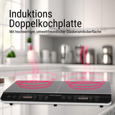 ProfiCook® Induktionskochfeld mit Glaskeramikoberfläche | Induktionskochfeld 2 Platten | Kochplatte mit 180 Min.-Timer & 16 Stufen | Induction Plate mit aut. Abschaltung | 3500 W | PC-DKI 1067