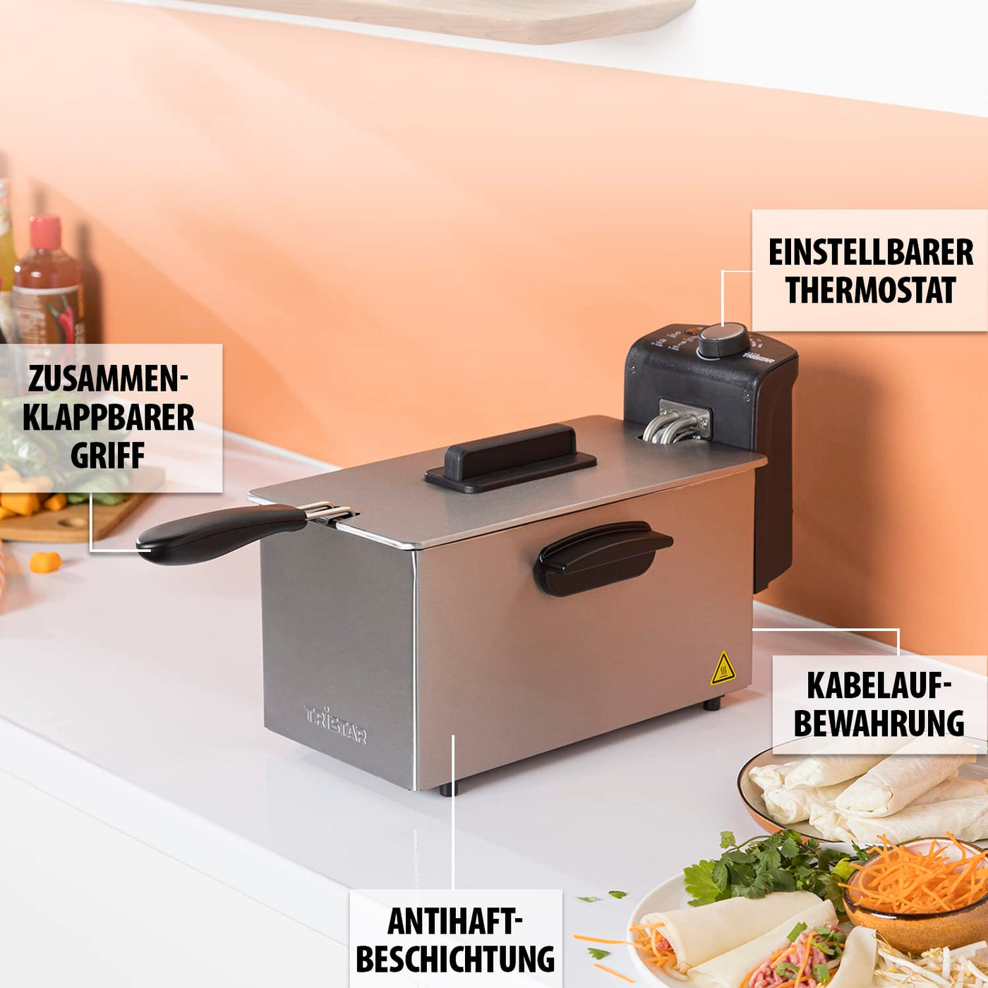 Tristar Fritteuse, 3L Kapazität, 2000W, Einstellbarer Thermostat (130-190°C), Überhitzungsschutz, Spülmaschinenfeste Teile, Leicht zu Reinigen, FR-6946