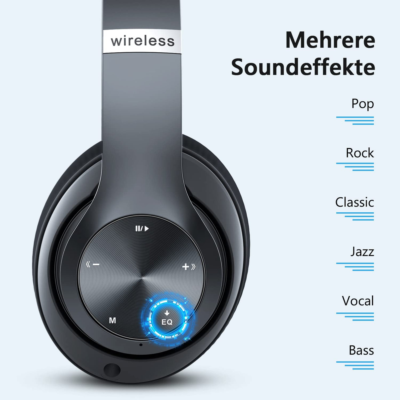 Lankey Sound 9S Kopfhörer Kabellos Bluetooth, Bluetooth Kopfhörer Over-Ear mit 65 Stunden Spielzeit, kabellose Kopfhörer mit 6 EQ-Modi, HiFi Stereo Kopfhörer mit Mikrofon für Handy/PC/Studium, Schwarz