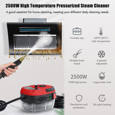 Dampfreiniger, 2500W Tragbarer Dampfreiniger Handgerät, 1000ML Großem Wassertank, mit 6 Geschwindigkeiten einstellbar und 3 Arten von Bürstenköpfen, für Küchenmöbel Boden Badezimmer Auto Fenster (rot)