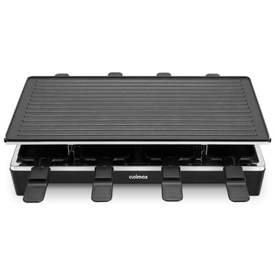 Cusimax Raclette Grill mit Reversible Grillpfanne, Steuerung Partygrill für 8 Personen,Stufenlos Regulierbare Temperatur, 8 Mini Pfännchen, Antihaftbeschichtung, CMRC-300, 1500W, Schwar