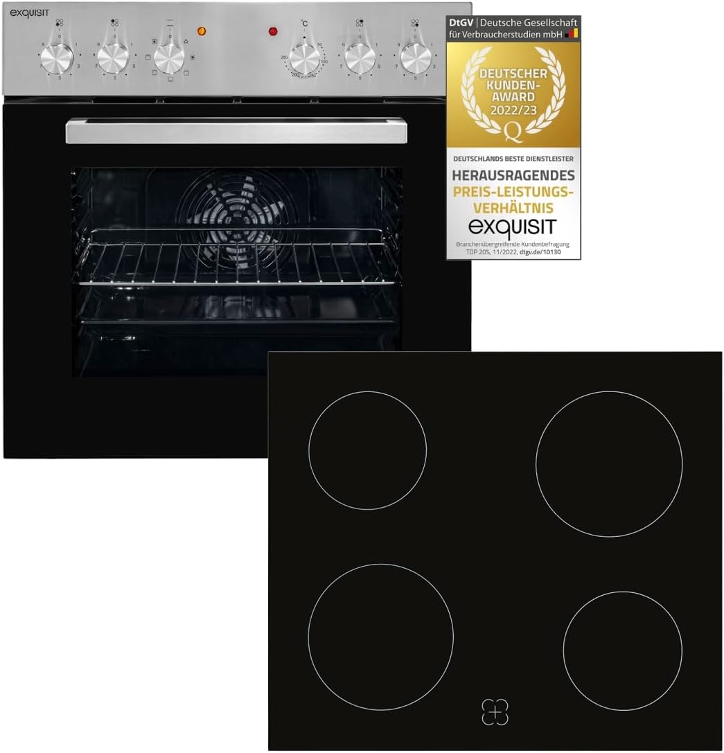 Exquisit Einbauherd-Set Backofen EHE10156-U-020 Set inox | Energieeffizienzklasse A | 59 l Garraum | Grill | Umluft | Glaskeramikkochfeld | rahmenlos | Einbaubackofen 60 cm