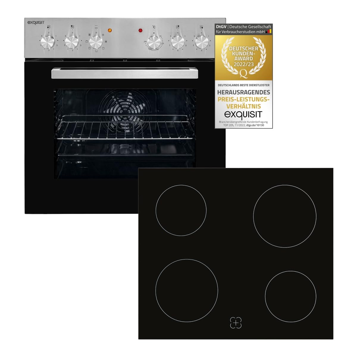 Exquisit Einbauherd-Set Backofen EHE10156-U-020 Set inox | Energieeffizienzklasse A | 59 l Garraum | Grill | Umluft | Glaskeramikkochfeld | rahmenlos | Einbaubackofen 60 cm