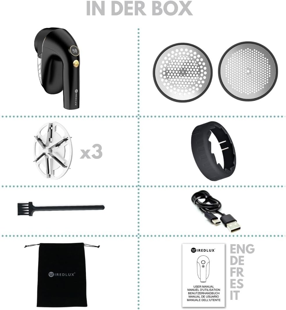 Fusselrasierer Elektrisch WiredLux, USB Wiederaufladbarer Fusselentferner für Kleidung, 2 Anpassbare Gitterabdeckungen, LED-Anzeige, Entfussler Elektrisch mit Doppeltem Schutz, Zubehör Inklusive
