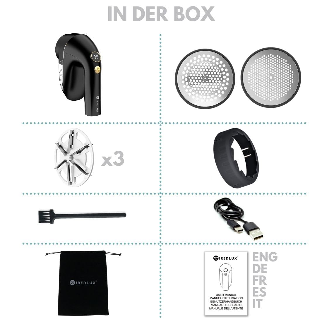 Fusselrasierer Elektrisch WiredLux, USB Wiederaufladbarer Fusselentferner für Kleidung, 2 Anpassbare Gitterabdeckungen, LED-Anzeige, Entfussler Elektrisch mit Doppeltem Schutz, Zubehör Inklusive