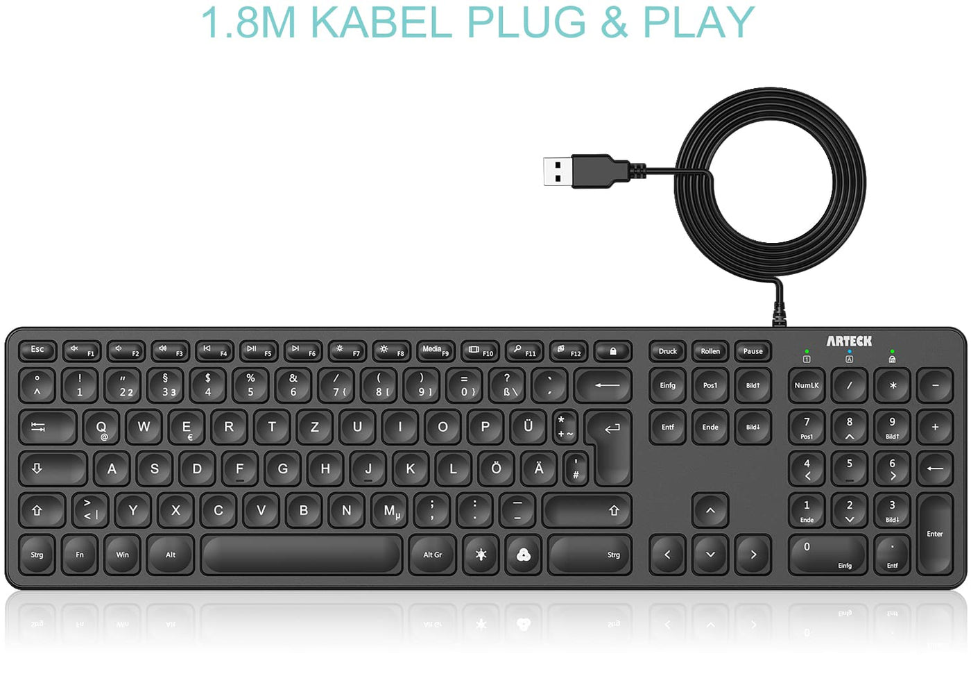 Arteck USB Kabelgebundene Tastatur Hintergrundbeleuchtung 7 Farben & Einstellbare Helligkeit Full Size Tastatur mit 1,8m langem Kabel, numerischem Keypad, für Computer Desktop Laptop und Windows 11 10