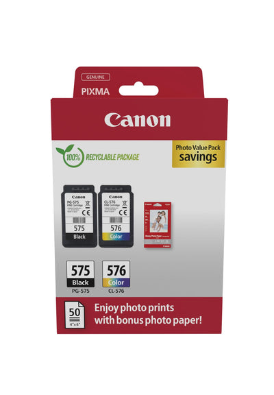 Canon Originaltinte PG-575 / CL-576 (2 Tintenpatronen; Schwarz+Farbe) - Photo Value Pack (inkl. Canon Fotopapier GP-501 50 Blatt 10x15cm)