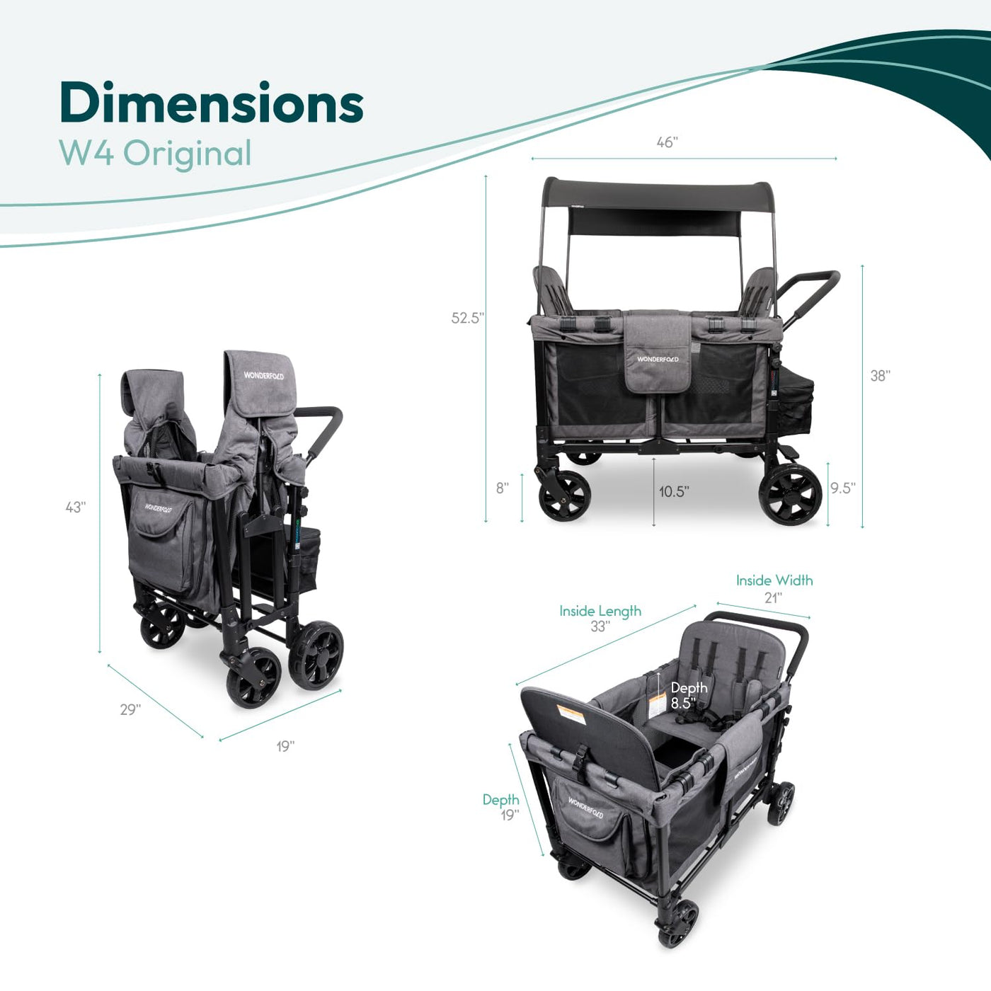 WONDERFOLD W4 4-Sitzer-Multifunktions-Quad-Kinderwagen mit abnehmbaren erhöhten Sitzen und verschiebbarem Verdeck, Grau