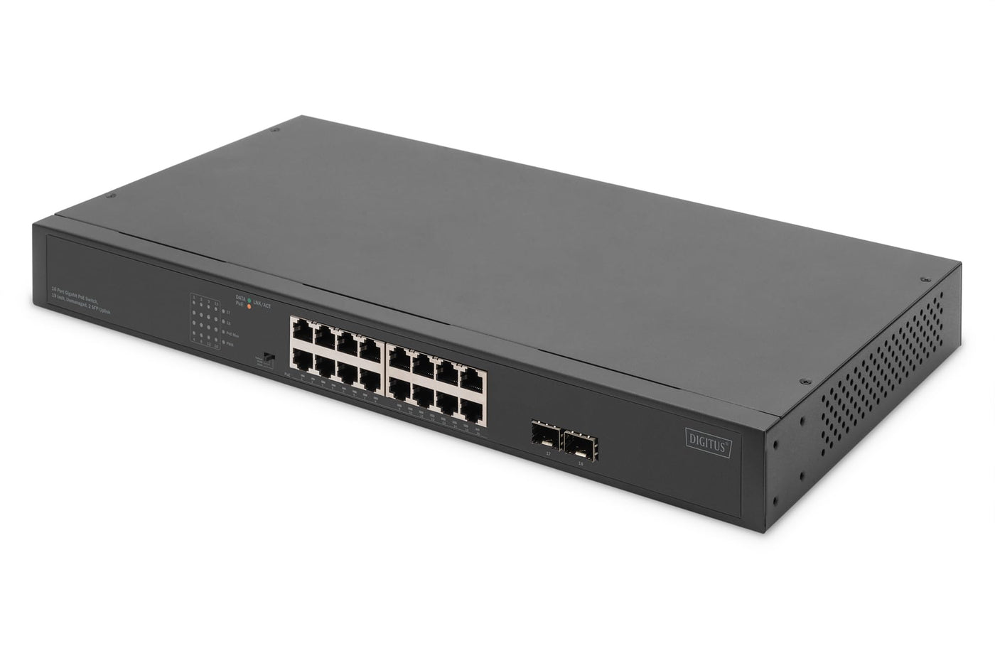 DIGITUS 19-Zoll PoE Netzwerk-Switch - 16-Port Gigabit + 2-Port Gigabit SFP - Unmanaged - VLAN - 250W PoE Leistungsbudget - 10/100/1000 Mbit/s - schwarz