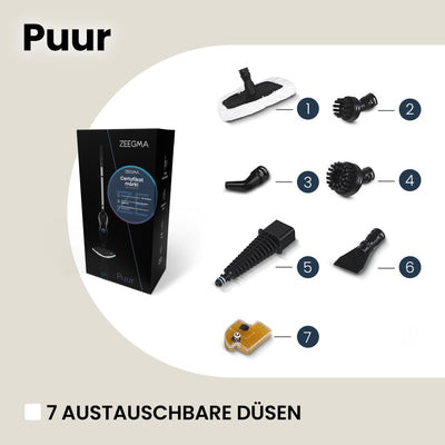 Zeegma PUUR Dampfreiniger chemikalienfreie Reinigung einsatzbereit in 25 Sekunden 7 verschiedene Aufsätze 2 Wasserfilter 5m Kabellänge Leistung 1500 W
