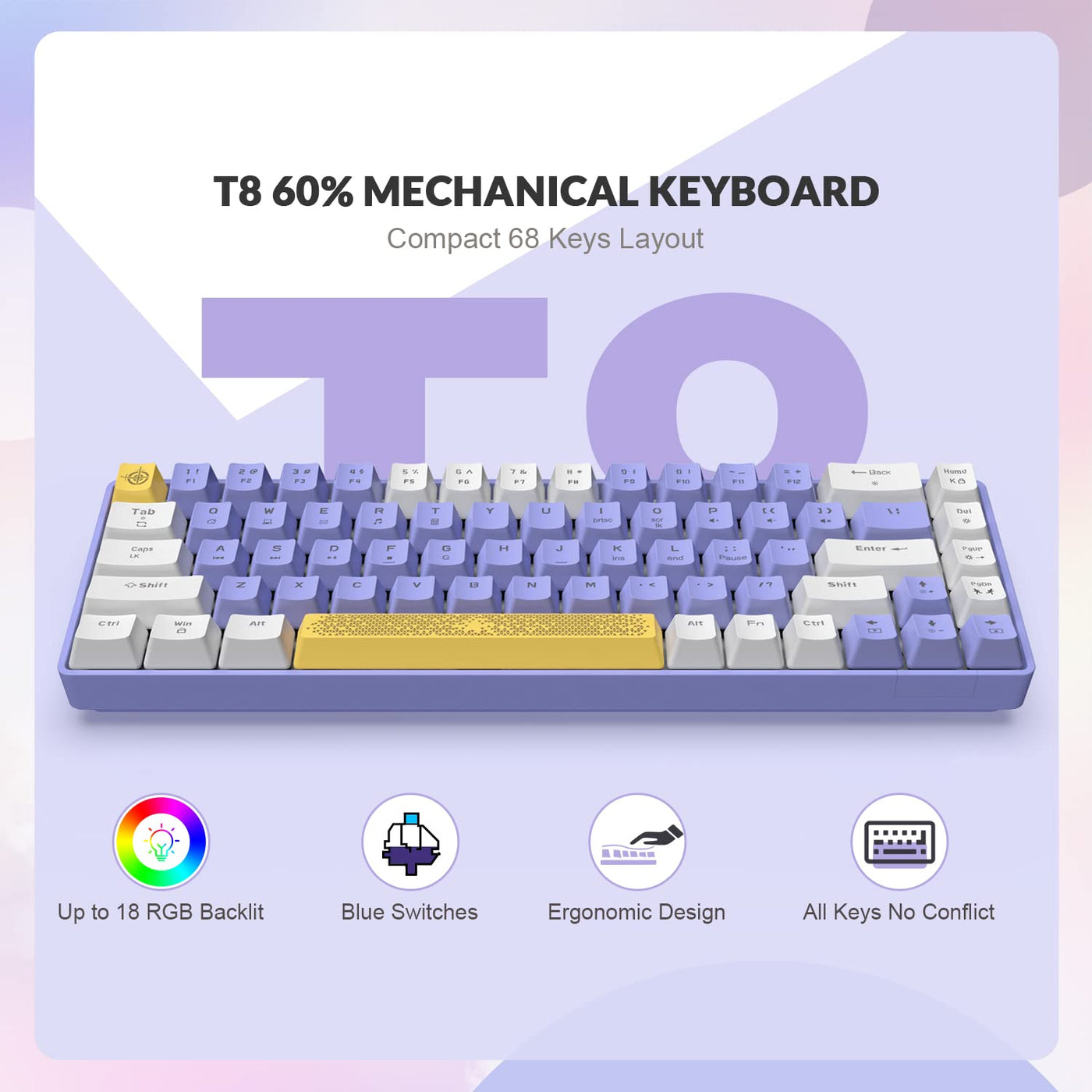 YINDIAO T8 60% Mechanische Gaming Tastatur,68 Tasten TKL Kompakt Layout,Kabelgebundene Tastatur,18 RGB Beleuchtung,Blauer Schalter,Anti-Ghosting,Pro USB-C Spiralkabel,für PC,MAC,PS4,Xbox -Lila