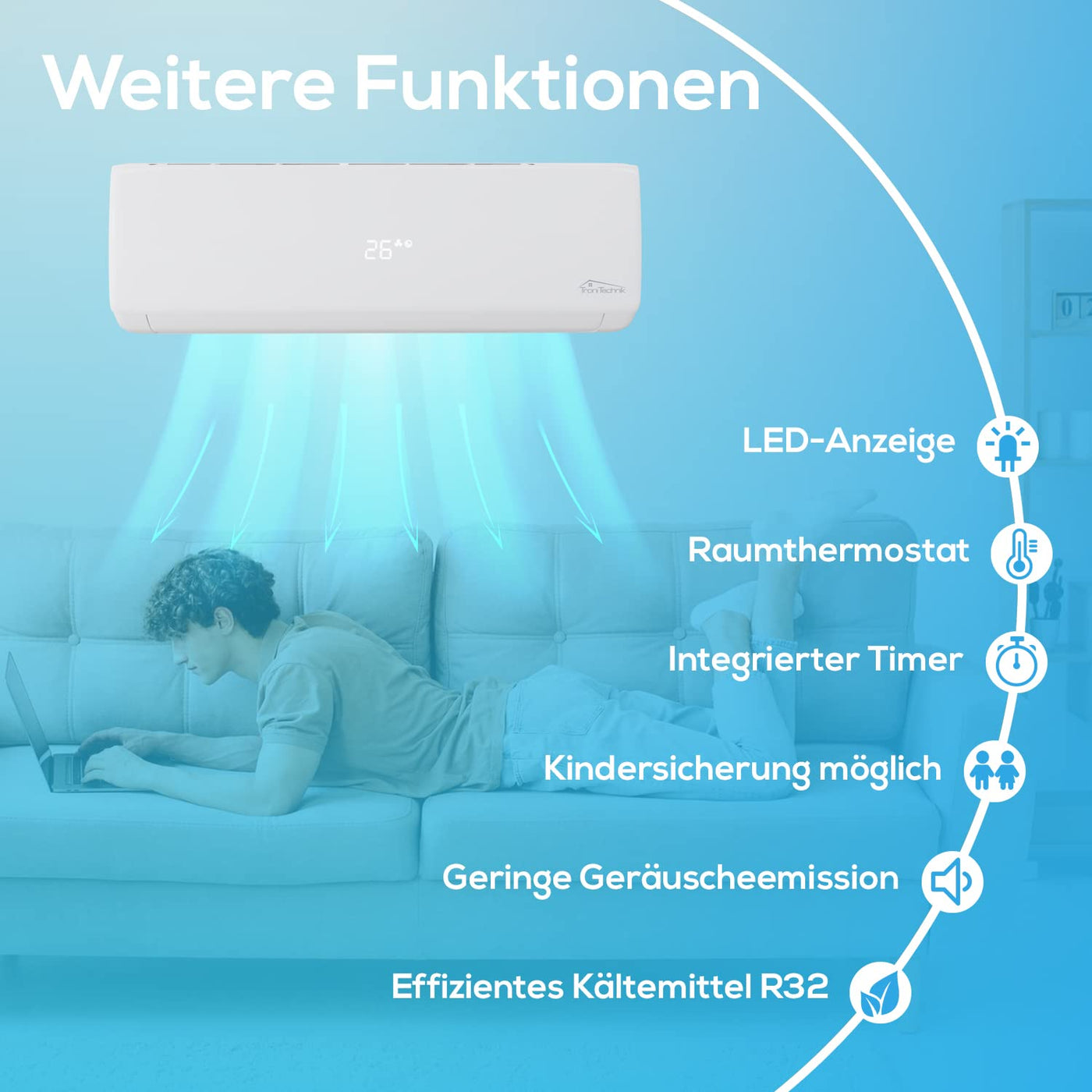 Tronitechnik® Split Klimaanlage Set DALVIK 2 mit WiFi/App Funktion Klimagerät - Kühlen A++/ Heizen A+ - 9000 BTU, Fernbedienung, Timer, Nacht-Modus inkl. Material