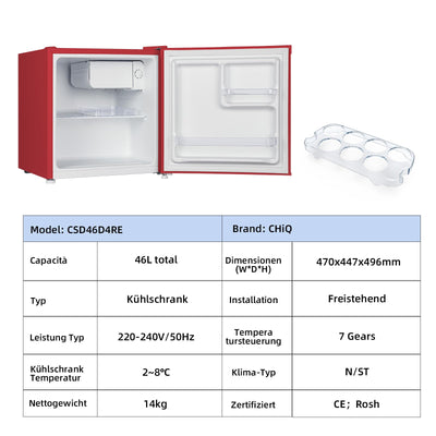 CHIQ Mini Bar Kühlschrank 46 L, Mini Kühlschrank Table Top, 49,6 x 47,4 x 44,7 cm (HxBxT), E Energieverbrauch 80 kWh/Jahr,Sehr Leise 39dB, Rot