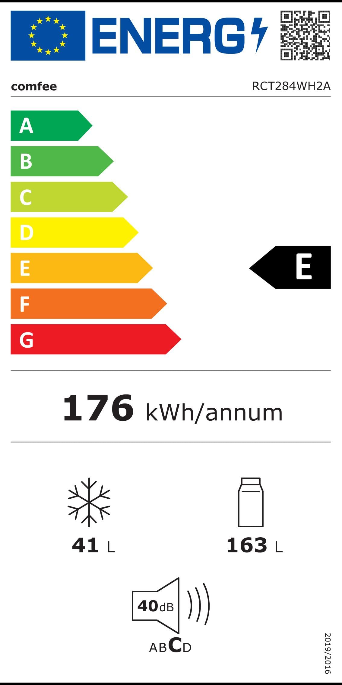 Comfee RCT284WH2A Kühl-/Gefrierkombination/Gefrierteil oben/176 kWh/Jahr/143cm Höhe/LED Licht/Reversibles Türscharnier/Weiß