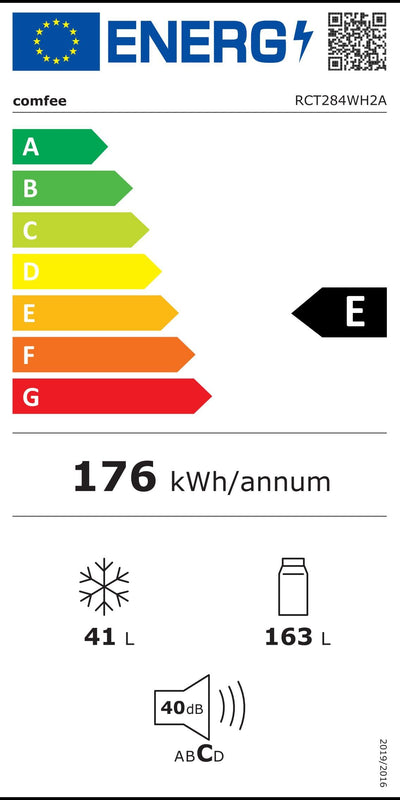 Comfee RCT284WH2A Kühl-/Gefrierkombination/Gefrierteil oben/176 kWh/Jahr/143cm Höhe/LED Licht/Reversibles Türscharnier/Weiß