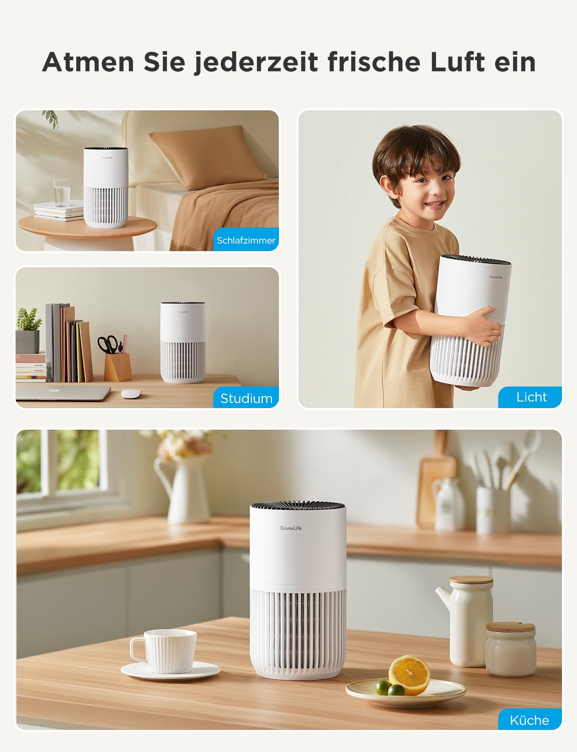 GoveeLife Mini-Luftreiniger für das Schlafzimmer, HEPA Smart Filter Luftreiniger mit Alexa App Steuerung gegen Tierhaare, Gerüche, Pollen, Rauch, tragbarer Luftreiniger mit 3 Geschwindigkeiten, Timer