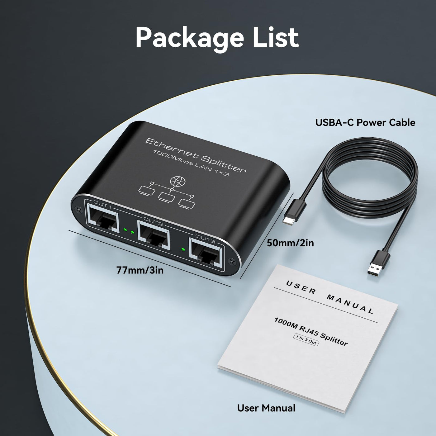 VEDINDUST LAN Switch 1 Auf 3 1000Mbps Netzwerk Splitter Aluminium Gigabit Ethernet Verteiler Mit USB-C-Netzkabel für Computer, Router, Set-Top Box