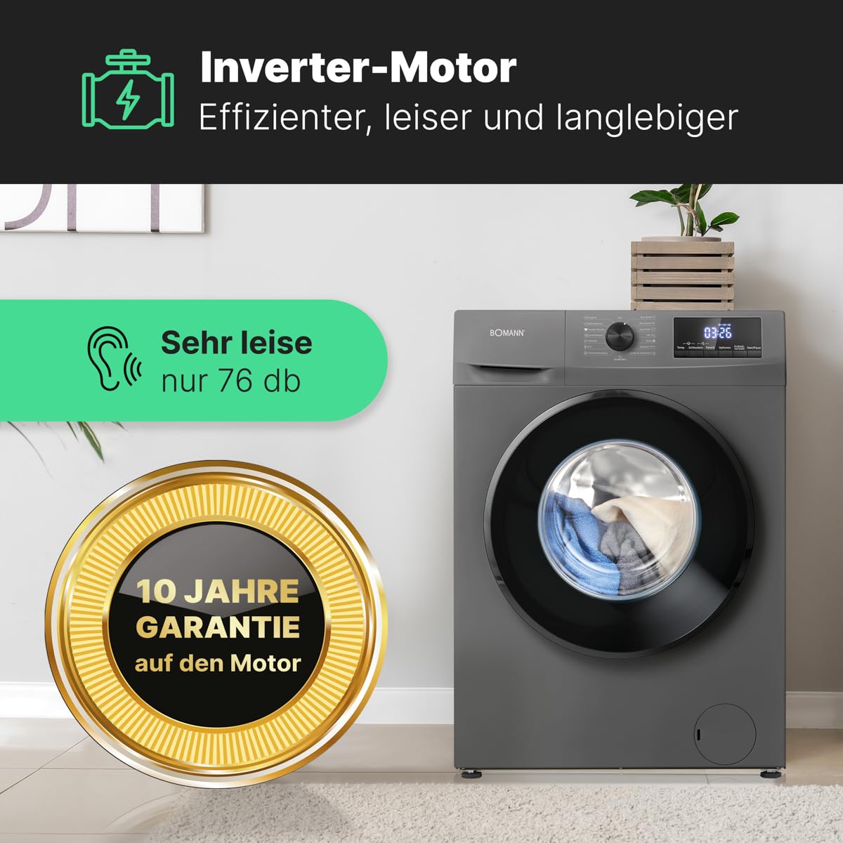 Bomann Waschmaschine 7kg | max. 1400 U/min | 10 Jahre Motor-Garantie | effizienter, leiser & langlebiger Invertermotor | 15 Programme | Endzeitvorwahl | Washing Machine WA 7175 titan - schwarz