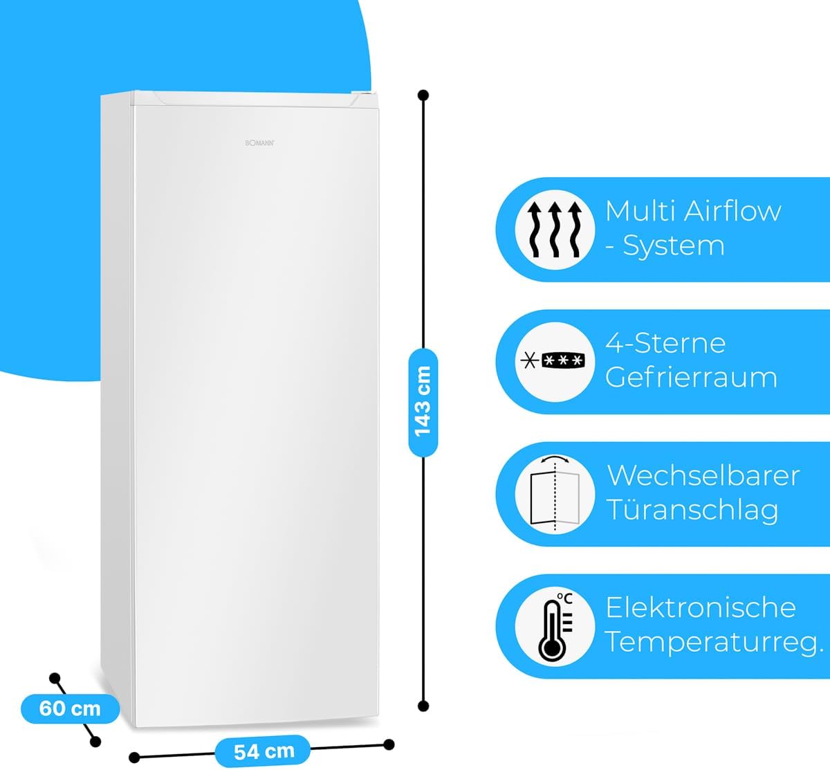 Bomann® Gefrierschrank Nofrost freistehender Tiefkühlschrank 161 L | Total No Frost - nie wieder abtauen - Schnellgefrierfunktion u. MultiAirflow-System | Türanschlag wechselbar | GS 7343 weiß