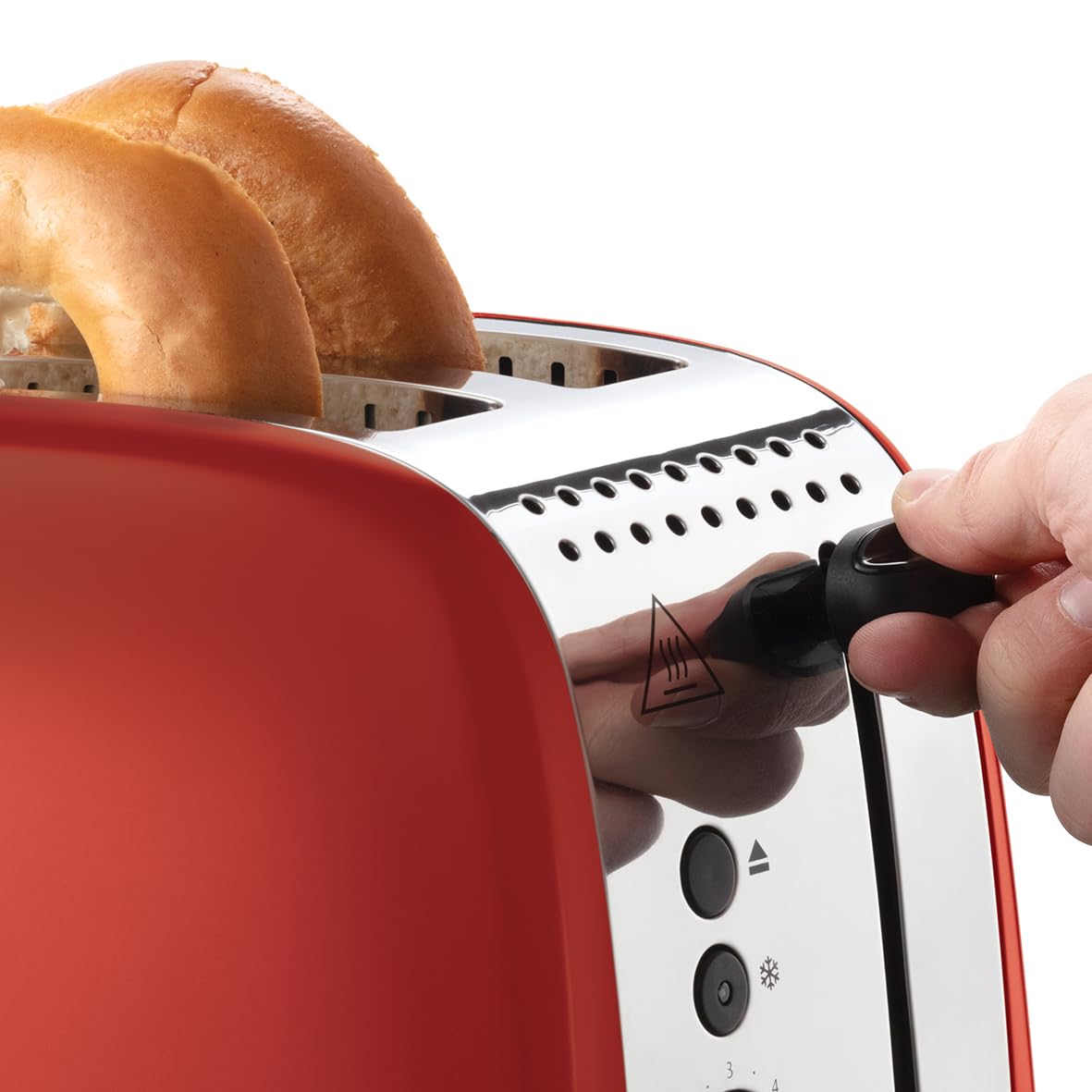 Grille-pain Russell Hobbs [pour 2 tranches] Colours Plus Acier inoxydable Rouge (fentes de toast extra larges, y compris chauffe-petits pains, 6 niveaux de brunissage + fonction décongélation, fonction Lift &amp; Look, 1600 W) 26554-56