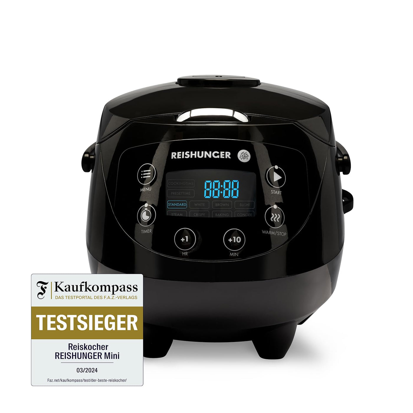 REISHUNGER Digitaler Reiskocher klein, schwarz | 0,6 L bis 3 Personen | Warmhaltefunktion, Timer & Premium Topf | Kleiner Multikocher & Dampfgarer, 8 Programme, 7-Phasen-Technologie