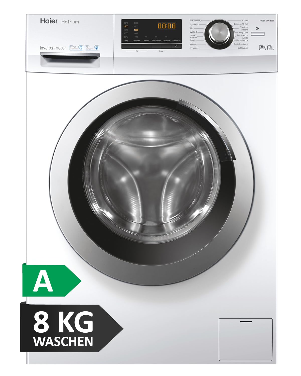 Haier SERIE 636 HW80-BP14636N I Frontlader Waschmaschine 8kg I Washing Machine mit A-Effizienz, 1.400 U/Min. & sparsamem Inverter-Motor I Inkl. Vollwasserschutz, Dampffunktion & Mengenautomatik