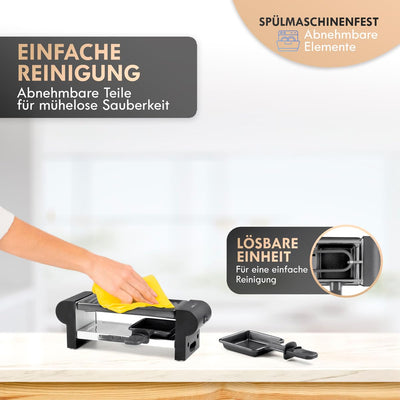 Clatronic® Raclette 2 Personen | Mini Raclette mit ca. 20,5 x 10,5 cm Grillfläche | für Grillen & Überbacken | antihaftbeschichtete Grillplatte & Pfännchen | 350W | RG 3592