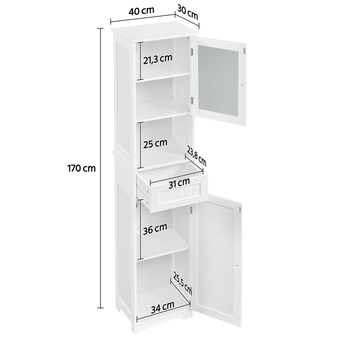 Yaheetech Badezimmerschrank Hochschrank Badschrank mit Schublade & 2 Türen und verstellbarem Einlegeboden Aufbewahrungsschrank Küchenschrank für Badezimmer/Wohnzimmer/Küche, 40 * 30 * 170 cm