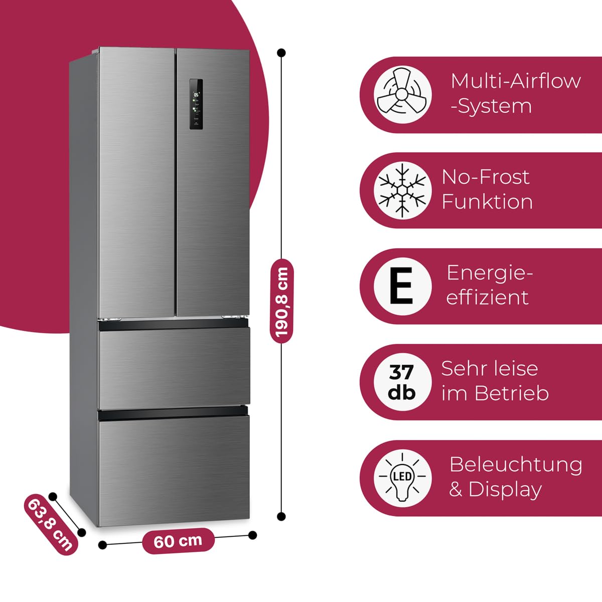 Bomann® French Door Kühlschrank No Frost | Kühl-Gefrier-Kombinationen mit Total No Frost | Kühlschrank mit Gefrierfach 400L | Side by Side Kühlschrank mit MultiAirflow-System | KG 7354 Edelstahl