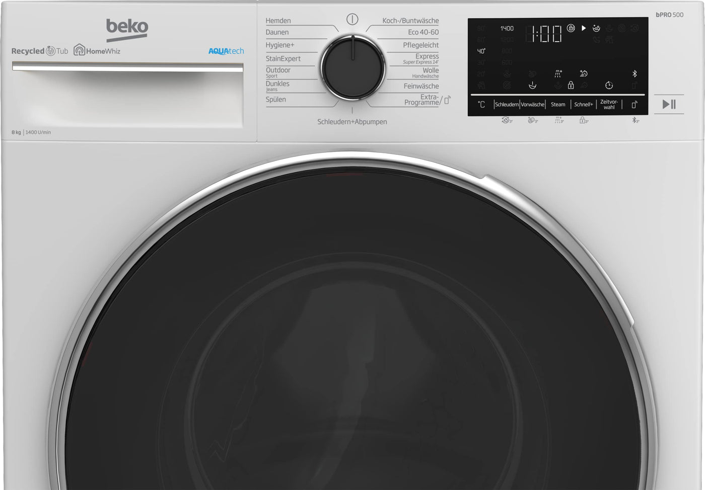 Beko B5WFU58418W bPRO 500 freistehende Waschmaschine, Waschvollautomat, 8 kg, AquaTech, Schleuderwahl, 1400 U/min, Bluetooth, Dampffunktion, Hygiene+ allergikergeeignet, Weiß