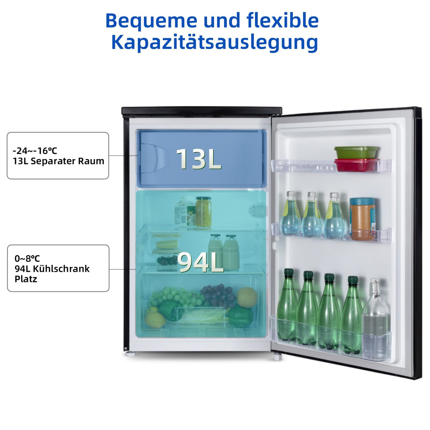 CHIQ CTT107BC Kühlschrank Klein 107 Liter, Höhe 84cm, Tiefe 55cm, Platzbedarf nur 0,3 ㎡, Mikro-Gefrierfach, Vario Box, 7 Temperaturregelstufen, geräuscharm, 87 kWh/Jahr, Schwarz