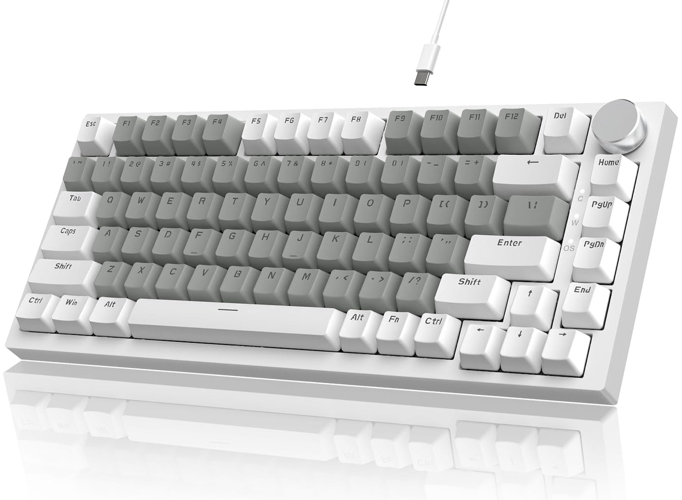 YINDIAO Ajazz AK820 Mechanische Tastatur mit Knopf,75% ANSI-Layout,81 Tasten,Kabelgebundene Gaming-Tastatur,Verbesserte Dichtungsmontage,Hot-Swap Roter Schalter,Eisweißes Licht,für PC,MAC (Weiß&Grau)