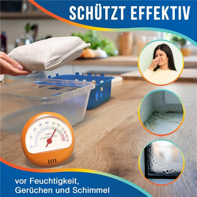 Delmara 4x Luftentfeuchter Set inkl. 1x Hygrometer – Raumentfeuchter ohne Strom mit 4x 400g Granulat – gegen Feuchtigkeit & Schimmel, wiederverwendbar