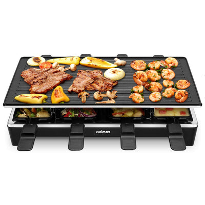 Cusimax Raclette Grill mit Reversible Grillpfanne, Steuerung Partygrill für 8 Personen,Stufenlos Regulierbare Temperatur, 8 Mini Pfännchen, Antihaftbeschichtung, CMRC-300, 1500W, Schwar